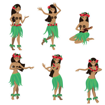Set of girl in dance and sing with ukulele positions. Beautiful graceful Hawaiian  girl dancing hula in traditional costume. Garland and green skirt wearings.  Vector cartoon illustration Stock Vector | Adobe Stock