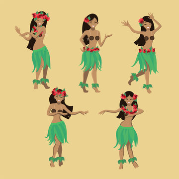 Set girl in dance. Beautiful graceful Hawaiian girl dancing hula in traditional costume. Garland and green skirt. Vector cartoon image.