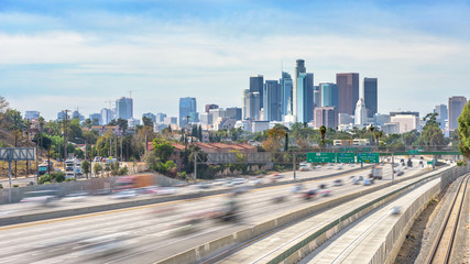 Fototapeta na wymiar Los Angeles City Freeway Traffic At Sunny Day
