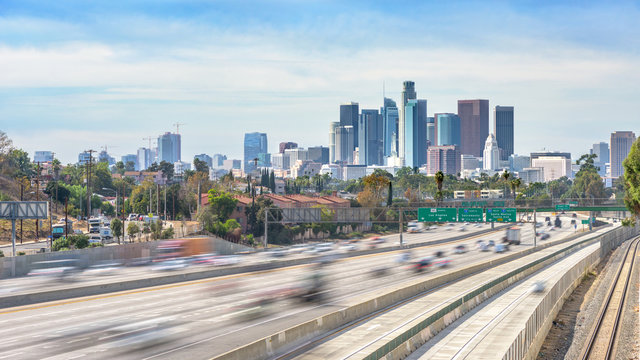 Los Angeles City Freeway Traffic At Sunny Day