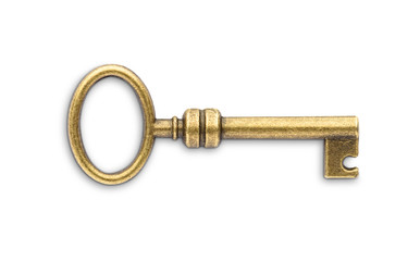 Vintage golden skeleton key isolated on white background