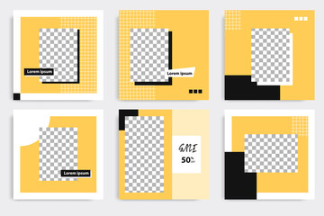 Editable square abstract geometric banner template for social media post. Black and yellow frame in the white background. Minimal design background vector illustration © Adi