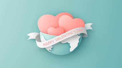 Heart of love around the world in Valentine’s day. Earth with heart and paper ribbon with text Happy Valentine’Day. paper cut and craft style. vector, illustration.