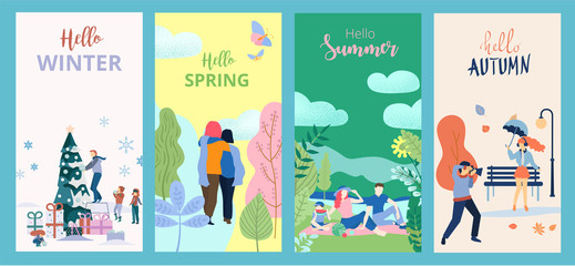 Hello summer, spring, autumn, winter. Set of posters or cards with people and outdoor seasonal entertainment.