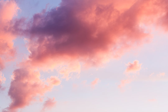 Blue Sky Clouds, Background Of Purple Sunset Sky. 