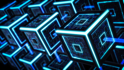 Block chain, Modern Sci Fi Technology Background. Concept About Future Connected And Sending Digital Data On Network. 3d illustration.
