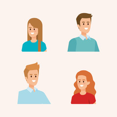 set of women and men head with hairstyle and casual clothes