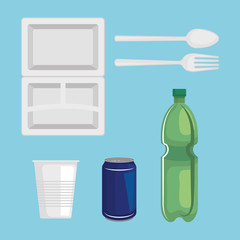 set of toxic plastic plate with bottles and cups waste