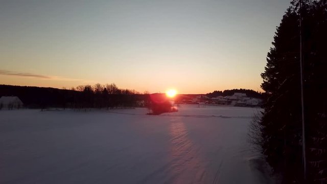 Early morning winter sunrise. DRONE SHOT