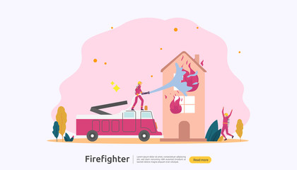 Firefighter using water spray from hose for fire fighting burning house. fireman in uniform, fire department rescuer. illustration for web landing page, banner, presentation, promotion or print media.