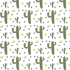 Vector ornament with cactus and yellow flowers in doodle style. Hand drawn cactus. Pattern