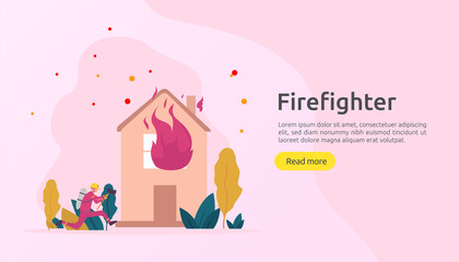 Firefighter using water spray from hose for fire fighting burning house. fireman in uniform, fire department rescuer. illustration for web landing page, banner, presentation, promotion or print media.