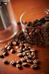 Roasted coffee beans on table