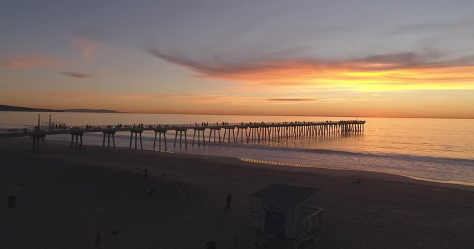 Drone shot showing the Hermosa Beach pier and coast line at sunset