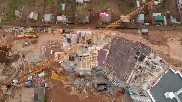 Construction of a residential high-rise building. Aerial shooting from the drone