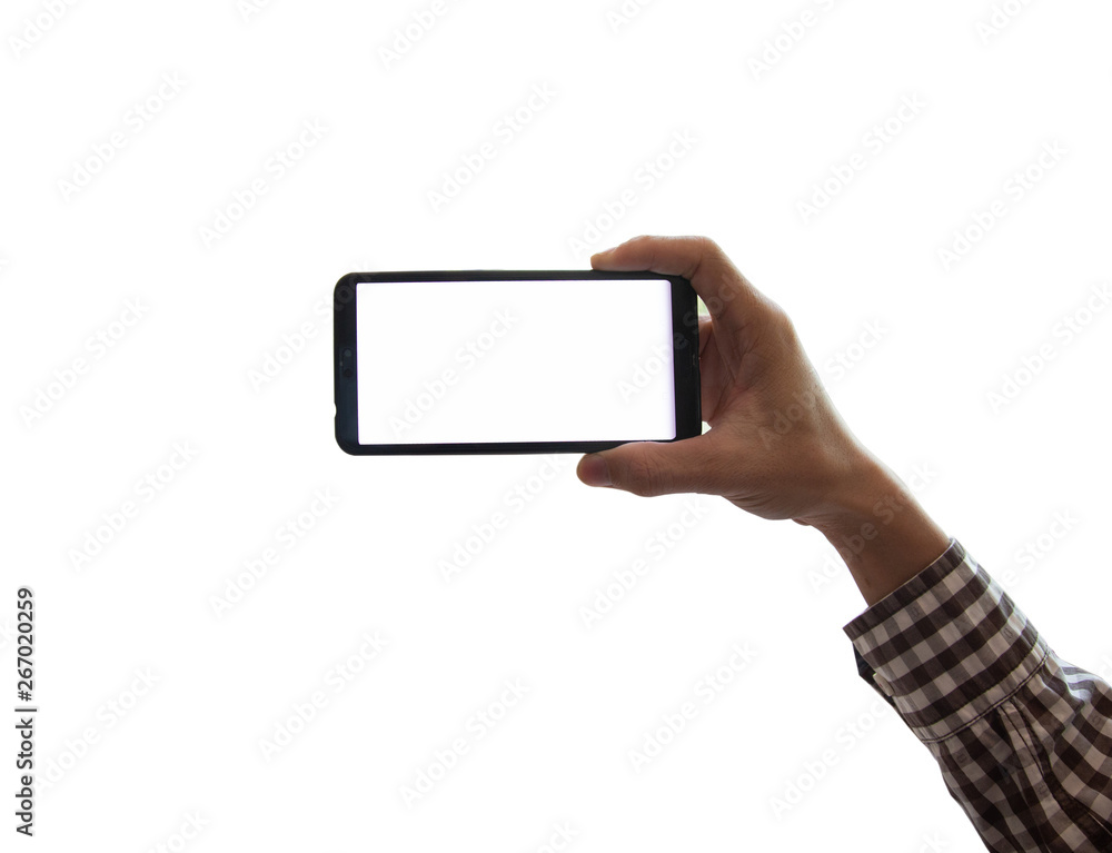 Wall mural man hand holding the black smartphone with white blank screen - isolated on white background and cli