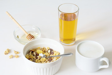 Healthy breakfast. Fresh granola on a white background
