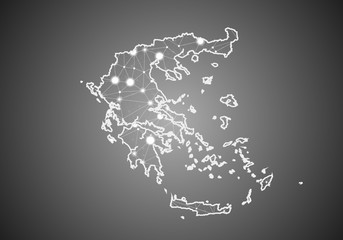 Vector wireframe mesh polygonal of greece map. Abstract global connection structure. Map connected with lines and dots. Geometric world concept.  digital data visualization, infographics.