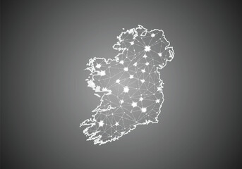 Vector wireframe mesh polygonal of ireland map. Abstract global connection structure. Map connected with lines and dots. Geometric world concept. digital data visualization, infographics.