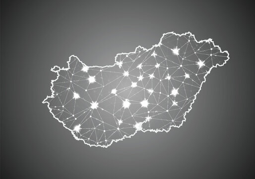 Vector wireframe mesh polygonal of hungary map. Abstract global connection structure. Map connected with lines and dots. Geometric world concept. digital data visualization, infographics.