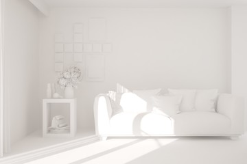 Mock up of stylish room in white color with sofa. Scandinavian interior design. 3D illustration