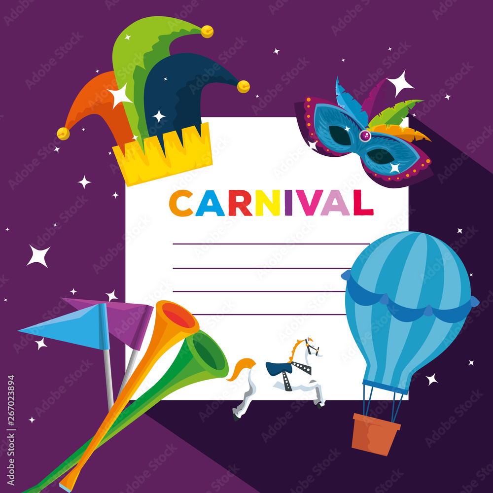 Poster carnival card with joker hat and air balloon to festival celebration