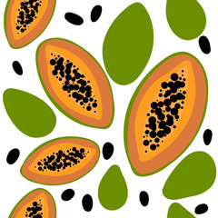 Papaya hand drawn seamless pattern illustration. Healthy living.Kitchen textile, background vector fill.