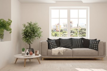Stylish room in white color with sofa and summer landscape in window. Scandinavian interior design. 3D illustration