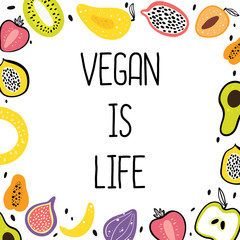 Fruit flat hand drawn illustration.Healthy nutrition cartoon texture. Vegan is life. Kitchen textile vector print.