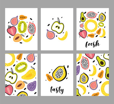 Set of vector illustrations of fruit flat hand drawn.Healthy nutrition cartoon texture. Concept of organic food. Kitchen textile vector print.