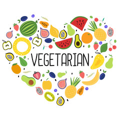 Vegetarian food.Fresh colourful fruit arranged in heart. Vector illustration..