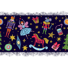 Christmas horizontal vector seamless Nutcracker pattern.  Seamless pattern can be used for wallpaper, pattern fills, web page background, surface textures.