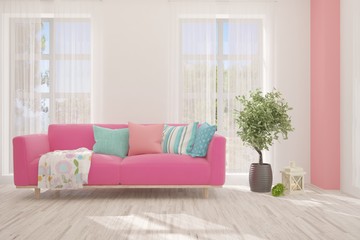 Stylish room in pink color with sofa. Scandinavian interior design. 3D illustration