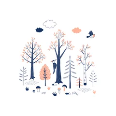Papier Peint photo Lavable Chambre de bébé Illustration vectorielle sur le thème de la forêt d& 39 automne. Graphiques de scène de paysage boisé. Imprimé enfantin des bois dans un style décoratif scandinave. Affiche mignonne d& 39 oiseau de plante d& 39 arbre de forêt. Dans le concept sauvage.