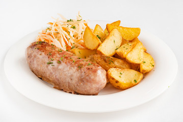 sausage with fried potatoes and salad