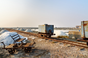 Fototapeta na wymiar Old railcars on narrow gauge railway at Sambhar Salt Lake. India