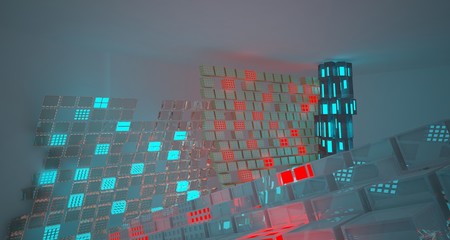 Abstract  Concrete Futuristic Sci-Fi interior With Colored Glowing Neon Tubes . 3D illustration and rendering.