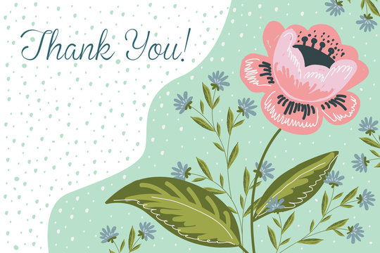 Thank you. Horzontal Hand drawng brush picture . Doodle Flowers and leaves arrangements. Vector