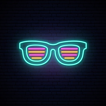 Neon Shutter Shades Sunglasses. Bright Signboard. Vector Illustration.