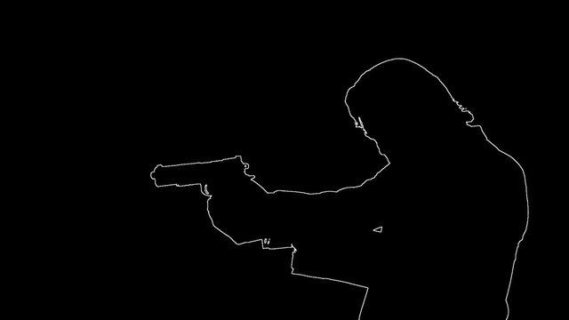 Silhouette of man aiming then holstering his gun.White outline line art of a man with a gun, aiming down the sights and shooting his pistol. He could be a hit man for a gang or just security police lo