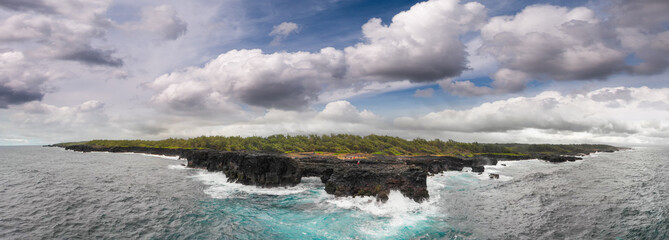 Aerial view of Pont Naturel Mauritius. Natural stone bridge, atraction of southern coastline in Mauritius