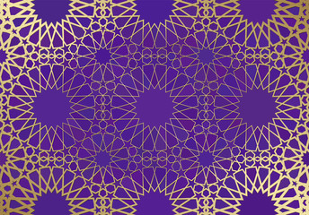 Abstract background with islamic ornament, arabic geometric texture. Golden lined tiled motif.