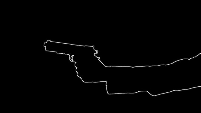 Outline of arm firing a pistolWhite outline line art of a mans arm with a gun, aiming down the sights and shooting his pistol. He could be a hit man for a gang or just security police looking for enem