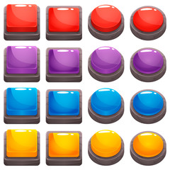 Colorful cartoon vector square and round buttons in stone frame set, pressed and not pressed versions. Assets for web or game design, app icons vector template isolated on white background.