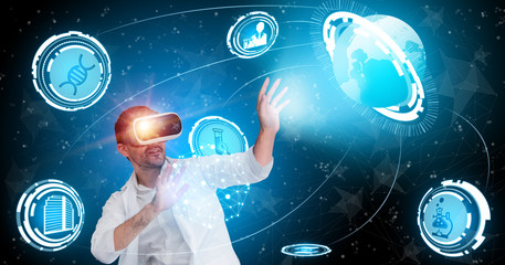 Medical Healthcare Research and Development Concept. Doctor in hospital lab with science health research icon show symbol of medical care technology innovation, medicine discovery and healthcare data.