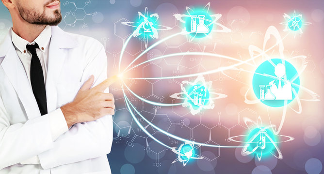 Medical Healthcare Research and Development Concept. Doctor in hospital lab with science health research icon show symbol of medical care technology innovation, medicine discovery and healthcare data.