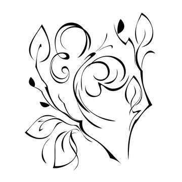 stylized moth flutters between branches with leaves in black lines on a white background