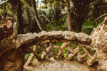 Stone gallery in the park Guell in Barcelona