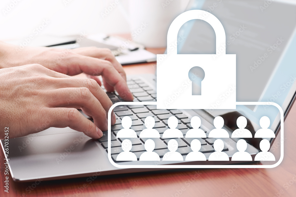 Poster Customer data security concept. Developing network security system. Businessman using laptop at desk.
