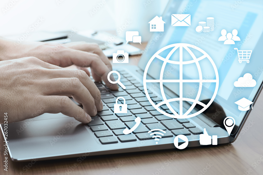 Poster using online services concept. internet technology and social media. laptop and many app icons.